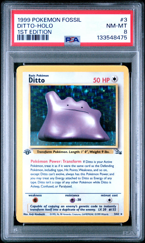 (EN) PSA 8 1999 POKEMON FOSSIL 3 DITTO-HOLO 1ST EDITION