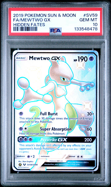 (EN) PSA 10 2019 POKEMON SUN & MOON HIDDEN FATES #SV59 FULL ART/MEWTWO GX